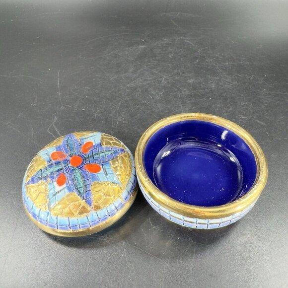 Signed Italian Round Hand Painted Trinket Dish W Lid Jewelry Holder Storage VTG - Picture 11 of 12
